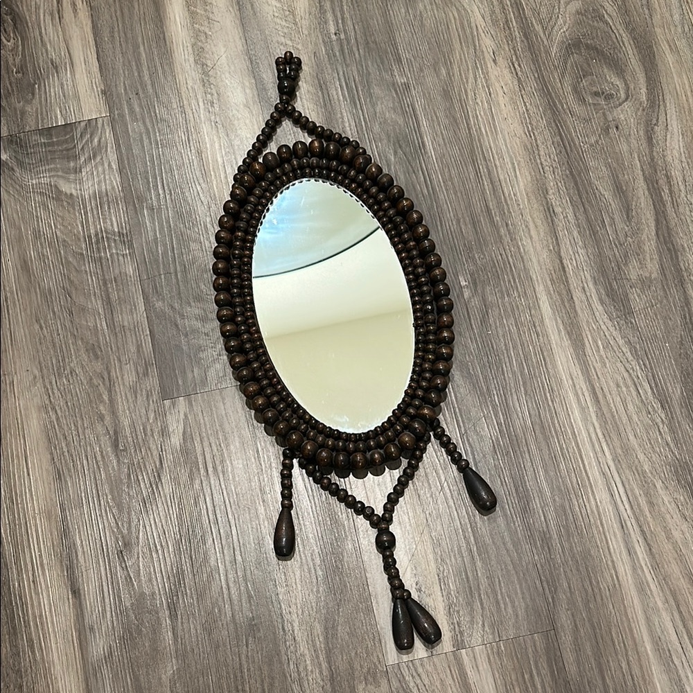 🪞 Vintage Wooden Beaded Mirror - Boho Wall Hanging with Tassels